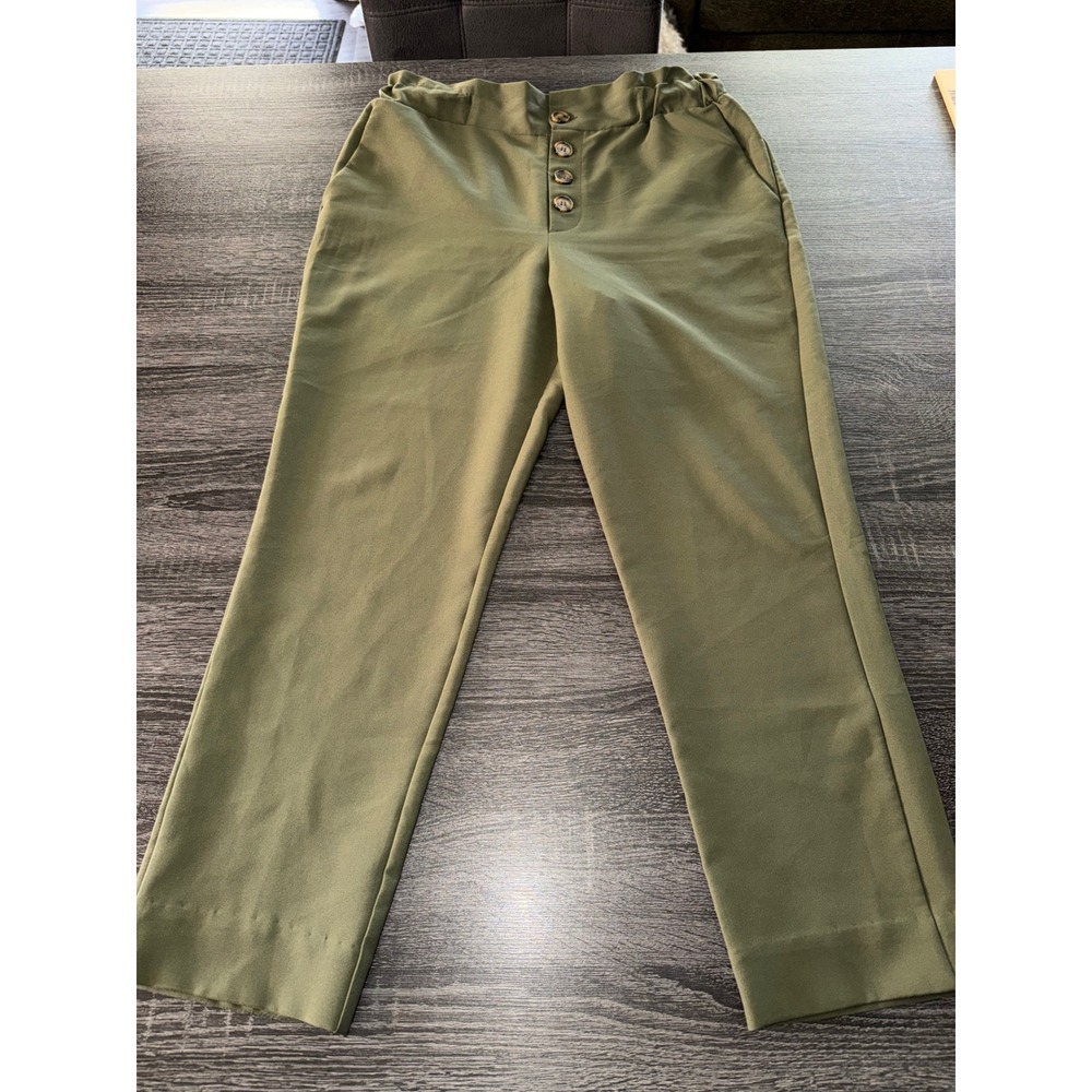 Ophelia Roe Pants Olive Green Button Front Elastic Waist Casual Trousers Small